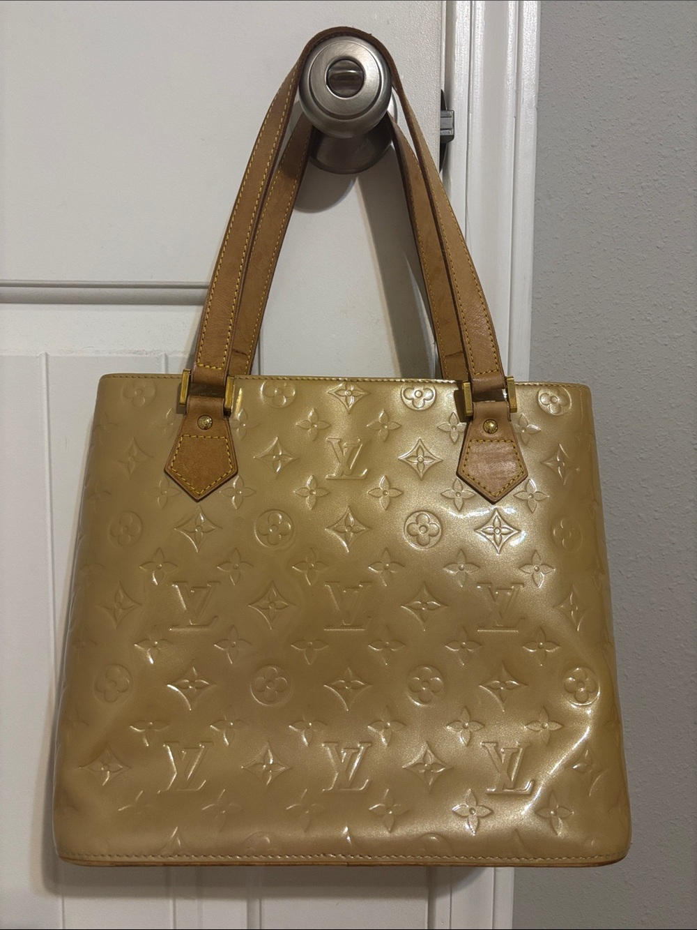Louis Vuitton Beige Monogram Vernis Shoulder Tote with Tan Handles